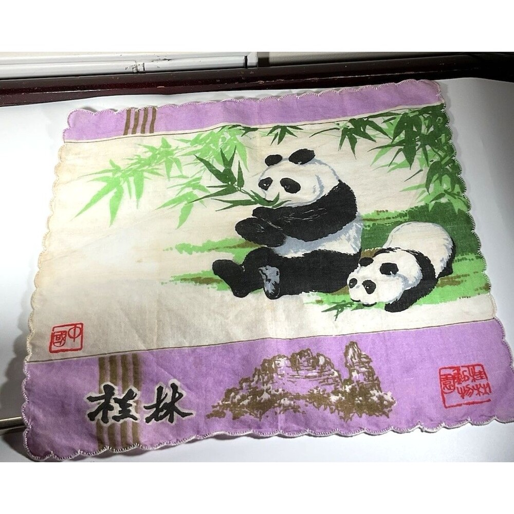 Vintage Handkerchief  Printed Pandas Bamboo Hankies Cotton Linen China Asian
